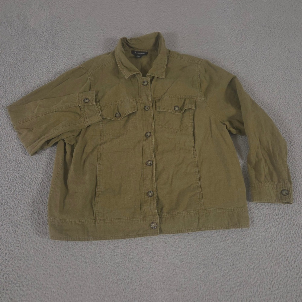 Tahari Jacket Womens 1X Olive Green Linen Blend Military Utility Trucker Pockets